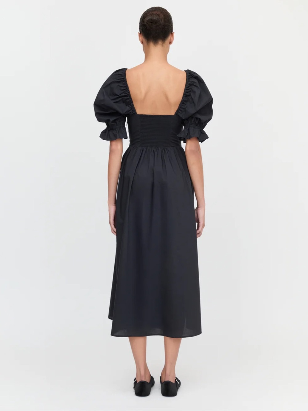 Hill House Black Puff-Sleeve Midi Dress with Gathered Waist - Picture 3 of 12
